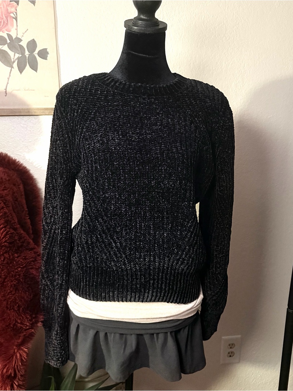New Black Chenille Chunky Knit Crewneck Sweater